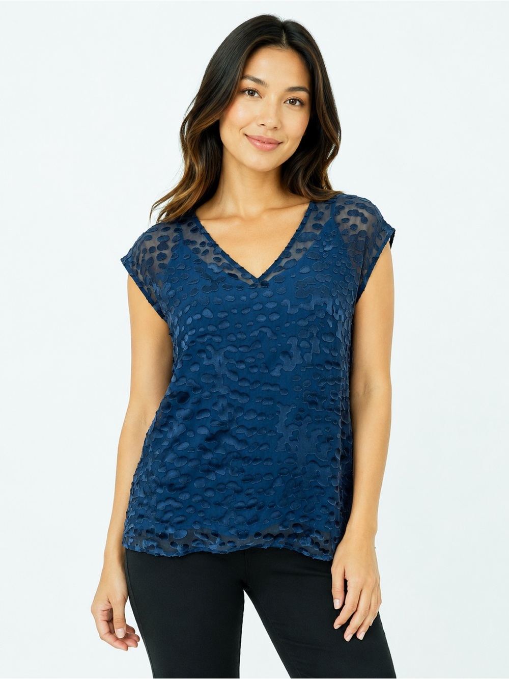 Donna Karan New York Silk Blend Burnout Blouse Cap Sleeve Blue Large NWT